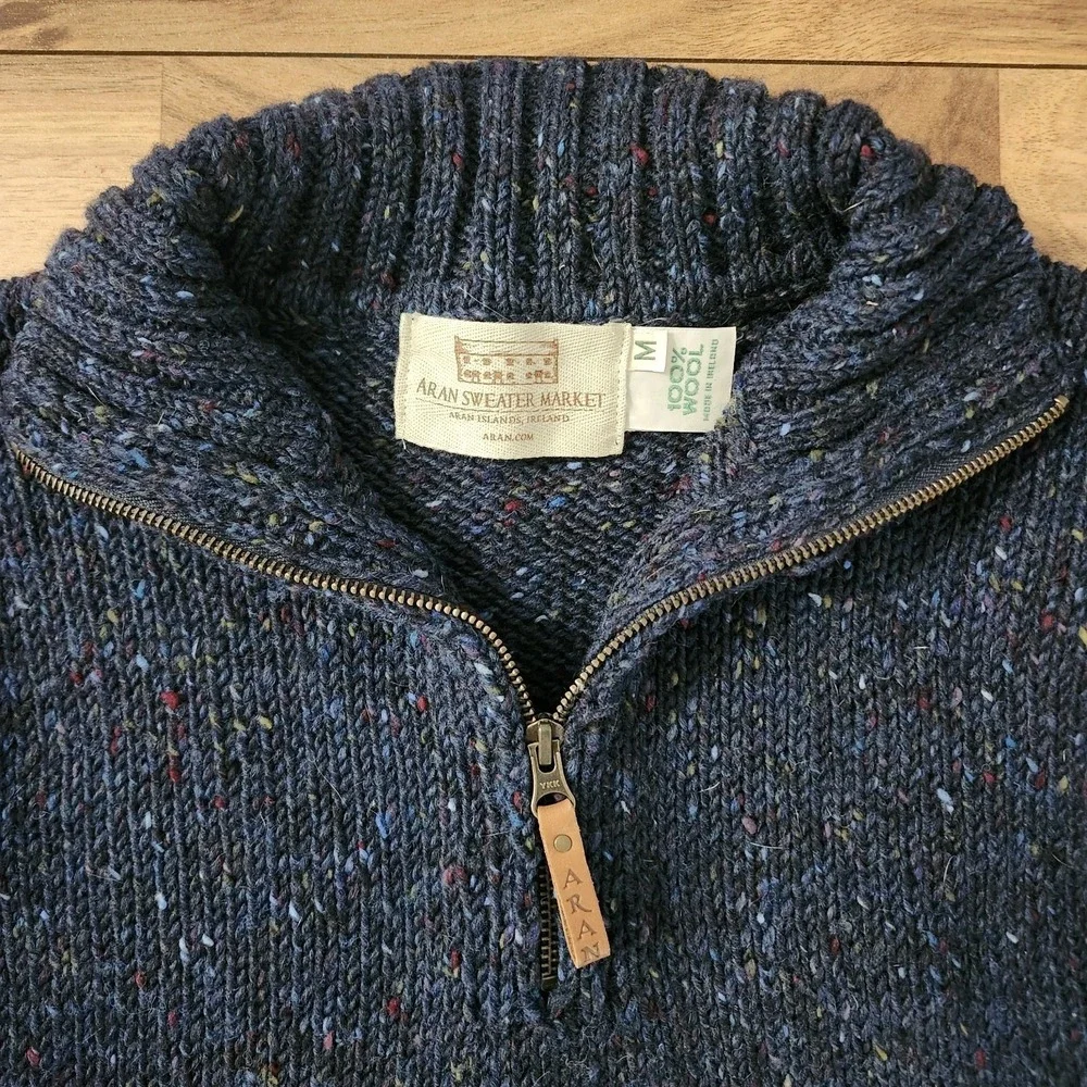 Isles Of Aran Mens Donegal Tweed Half Zip Sweater Fleck Blue 100% Wool Sz Medium